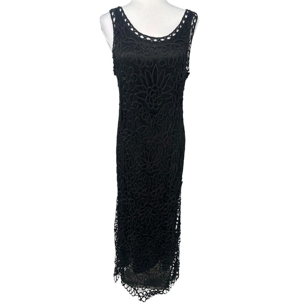 Soulmates Dress M Black Silk Bead Crochet Lace Maxi Formal Gown Elegant Elegant